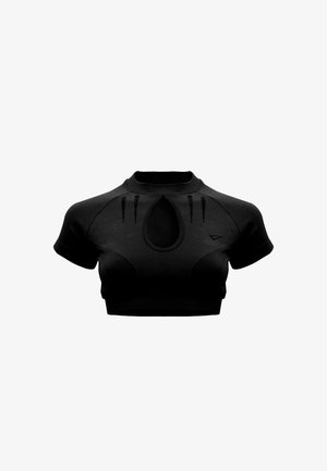 Schwarzes, kurzärmeliges, bauchfreies Sporttop mit hohem Kragen, Schlüsselloch-Ausschnitt vorne, strukturierten vertikalen Linien und kleinem Logo auf der Brust.