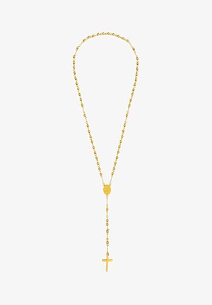 Gull kjede med rosenkrans som har runde perler, en oval medaljong og et korsvedheng. Glatt tekstur, delikat kjededesign.