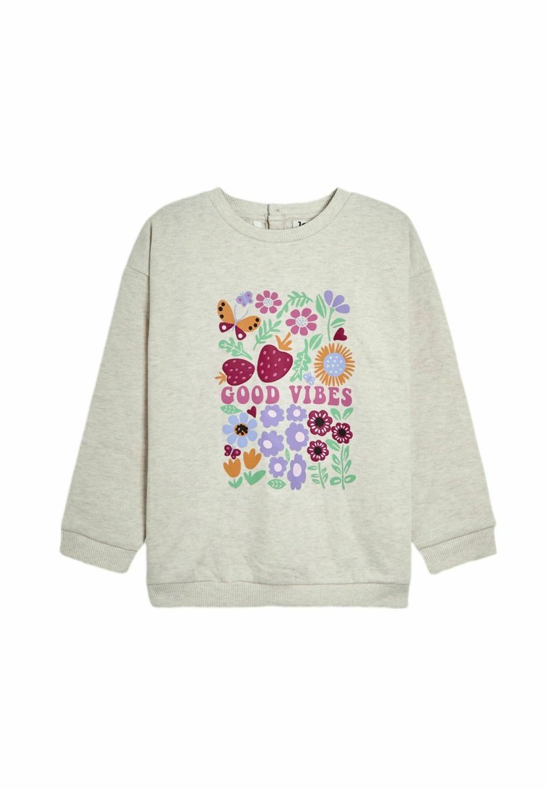 Sudadera gris claro de algodón, con un estampado colorido de flores y mariposas que incluye el texto "BUENAS VIBRACIONES" en letras en negrita.