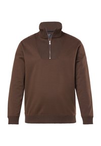 Pullover marrone in tessuto morbido, con collo a mezza zip e trama a coste sul collo e sulla zona del petto, con polsini e orlo a coste.