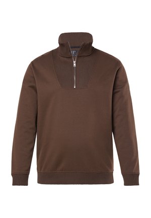 Hnědý pulovr z měkké látky, s límečkem na půl zip a žebrovanou texturou na límci a hrudníku, s žebrovanými manžetami a lemem.