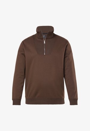 Hnědý pulovr z měkké látky, s límečkem na půl zip a žebrovanou texturou na límci a hrudníku, s žebrovanými manžetami a lemem.