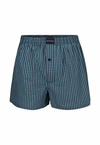 Boxers à carreaux en bleu marine et turquoise, avec une taille élastique, un bouton sur le devant et une coupe ample pour plus de confort.