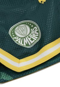 Grön mesh sporttröja med gul och vit randig kant, med en cirkulär logotyp som har "PALMEIRAS" och en stiliserad bokstav "P."