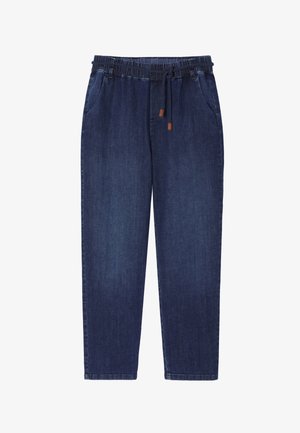 Tumed denim püksid elastse vöökoha, reguleeritava nööri, küljetaskute ja lõdva lõikega. Sile tekstuur, sirge jalgade disain.
