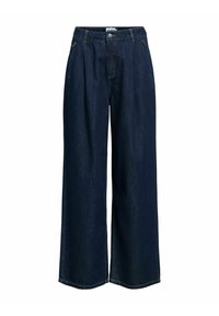 Tmavé džíny s širokými nohavicemi a vysokým pasem, s předními kapsami, zapínáním na knoflíky a kontrastními šicími detaily.