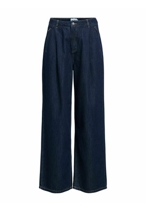 Laiade lõikega tumeda teksariiega püksid kõrge vöökohtadega, ees taskud, nööp-kinnitus ja kontrastsed õmblused.