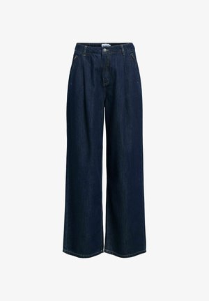 Weit geschnittene dunkle Denim-Hosen mit hoher Taille, ausgestattet mit Vordertaschen, einem Knopfverschluss und kontrastierenden Nahtdetails.