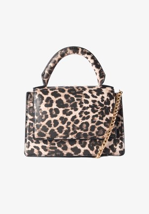 Borsa a tracolla in stampa leopardata con design strutturato, dotata di manico superiore e tracolla in catena dorata. Realizzata in materiale sintetico texturizzato.