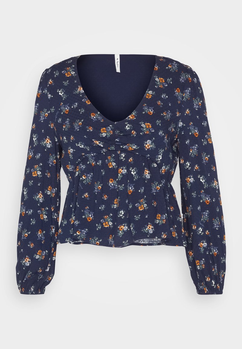 Blusa floreale blu navy con maniche lunghe a sbuffo, scollatura a V profonda e vita arricciata. Presenta piccoli fiori arancioni, bianchi e blu su un tessuto texture.