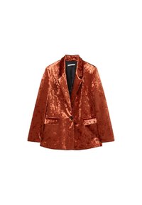 Blazer in velluto arancione bruciato con chiusura a un bottone, rever a punta e due tasche frontali; texture liscia e vestibilità su misura.