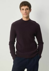 Donker paars sweater met een hoge halslijn, een gestructureerd ruitpatroon en lange mouwen, gecombineerd met donkere broeken. Casual pasvorm en eenvoudig ontwerp.