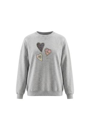 Lysegrå sweatshirt med tre multifarvede hjertepatches på brystet samt ribstrikkede manchetter og kant.
