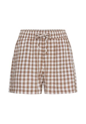 Hnedé a biele kárované šortky s elastickým pásom a prednou šnúrkou, položené na bielom pozadí.