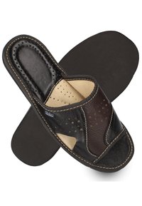 Black leather slide sandal with perforated design, tan suede lining, and a textured rubber sole. Stitched accents along the edges.