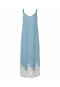 Gaišzils džinsis kleita ar V veida kakla izgriezumu un plāniem siksnām, ar balto mežģīņu apdari ap apakšmalu. Gluda tekstūra, ceļa garuma izstrādājums.