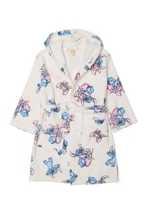Weißer Kinderbademantel mit Kapuze, rosa und blaue Cartoon-Hasen- und Bärenmuster, Bindegürtel und Fronttaschen.