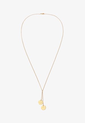 Guld kæde med to teksturerede runde vedhæng hængende fra en central løkke, der udviser et minimalistisk design og en glat overflade.