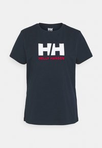Camiseta de algodón azul marino con mangas cortas, que presenta un logo blanco "HH" y "HELLY HANSEN" en texto rojo en el pecho.