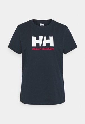 Ciemnoniebieska bawełniana koszulka z krótkim rękawem, z białym logo "HH" i napisem "HELLY HANSEN" w czerwonym kolorze na piersi.
