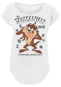 Hvit T-skjorte med kort erm som viser et grafisk bilde av Tasmanian Devil, med fet tekst og tegneserieakenter, laget av lett stoff.