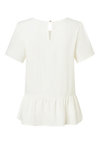 Top bianco a maniche corte con orlo a peplum, caratterizzato da una chiusura con bottone sulla schiena e un'apertura a forma di chiave sul collo. Tessuto dalla texture liscia.