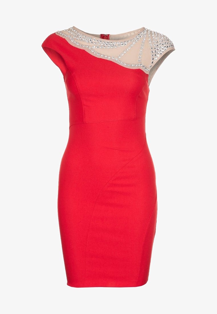 Red fitted dress with a sheer top and embellished neckline. Features cap sleeves and a smooth texture, accentuating a structured silhouette.
