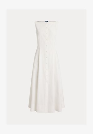 Biała sukienka midi bez rękawów z przodem zapinanym na guziki i dopasowaną talią, rozkloszowana w kształcie litery A.