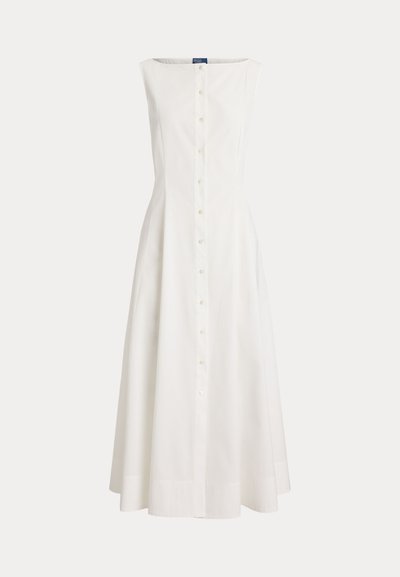 Sleeveless white midi dress with a front button-down design and fitted waist, flaring into an A-line skirt.