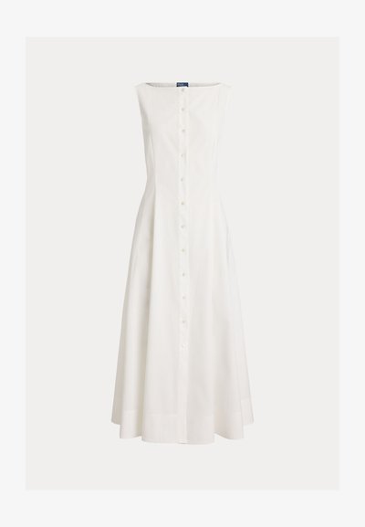 Sleeveless white midi dress with a front button-down design and fitted waist, flaring into an A-line skirt.