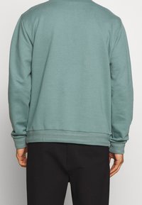 Hellgrüner Sweatshirt mit langen Ärmeln, gerippten Bündchen und Kragen. Weiche Textur mit lässigem Schnitt, kombiniert mit schwarzen Hosen.