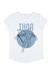 Bílý tričko s modrou grafikou Thora v dynamické póze, držícího sekiru, s nápisem "THOR" nahoře v tučných písmenech.