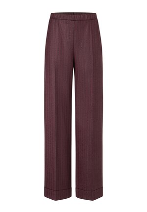 Pantalons large en bordeaux avec des rayures verticales. Fabriqués en tissu texturé, avec une taille élastique et une finition de ourlet soignée.