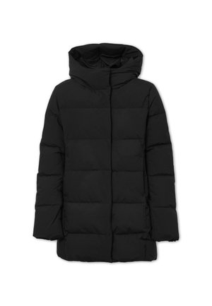 Schwarze Daunenjacke mit Kapuze, ausgestattet mit einem gesteppten Design, weicher Textur und langen Ärmeln. Keine sichtbaren Beschläge oder Akzente.