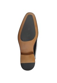 Schwarze Ledersohle mit beiger Zwischensohle, die eine glatte Textur und runde Form aufweist. Mit geprägt Markenlogo und Größenangabe, 42.