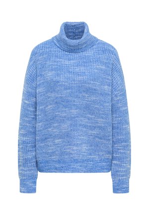 Ljusblå, strukturerad polotröja med lös passform, ribbade muddar och ett stickat mönster med subtila färgvariationer.
