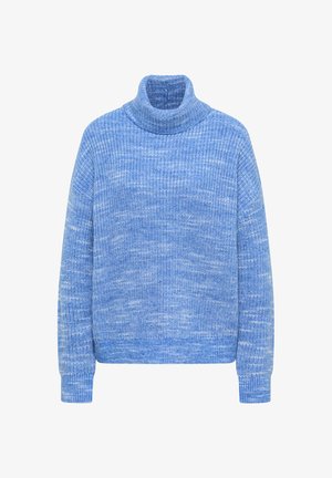 Ljusblå, strukturerad polotröja med lös passform, ribbade muddar och ett stickat mönster med subtila färgvariationer.