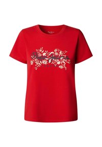 T-shirt en coton rouge à manches courtes, avec des motifs floraux blancs et le texte "Pepe Jeans London" en bleu marine sur la poitrine.