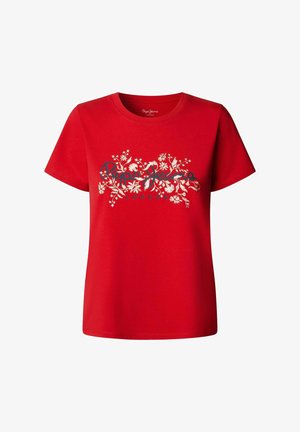 Raudona medvilninė marškinė su trumpomis rankovėmis, papuošta baltais gėlių raštais ir tekstu "Pepe Jeans London" tamsiai mėlyna spalva per krūtinę.