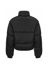 Sort quiltet dunjakke med høj krave, lange ærmer, elastiske manchetter og en let cropped pasform, vist bagfra.