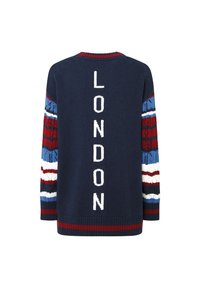 Maglione blu navy con la scritta bianca "LONDON" sul retro. Presenta maniche a strisce multicolori in rosso, blu e bianco con motivi testurizzati.