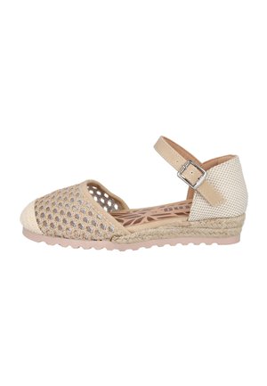 Sandalia espadrille beige para mujer con punta tejida, tira en el tobillo con hebilla, tacón texturizado y suela de yute trenzado.