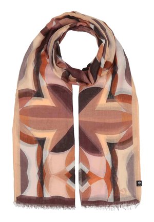 Leichter Schal mit geometrischem Blumenmuster in Brauntönen, Pfirsich und Creme, mit fransigen Kanten.