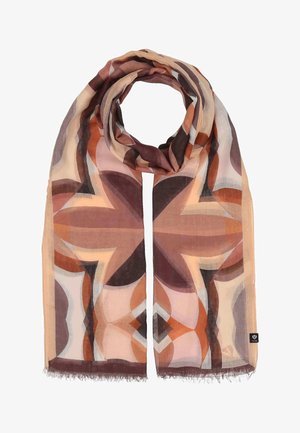 Leichter Schal mit geometrischem Blumenmuster in Brauntönen, Pfirsich und Creme, mit fransigen Kanten.