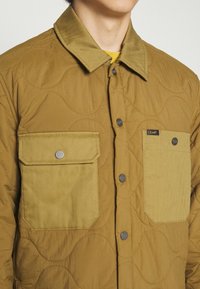 Steppjacke in Braun mit Kragen, zwei Vordertaschen und Knöpfen. Hergestellt aus einem glatten Stoff mit kontrastierenden Taschenstrukturen.