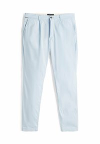 Hellblaue Chinos aus weichem Stoff, mit Knopfverschluss, Seitentaschen und geradem Bein.