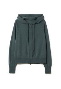 Felpa verde a maglia con zip frontale, coulisse e polsini a costine. Caratterizzata da una vestibilità comoda e maniche raglan. Texture morbida.