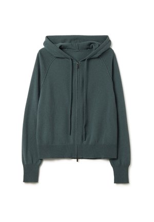 Grüne Strickkapuzenjacke mit einem Frontreißverschluss, Kordelzug und gerippten Bündchen. Bietet eine lockere Passform und Raglanärmel. Weicher Stoff.