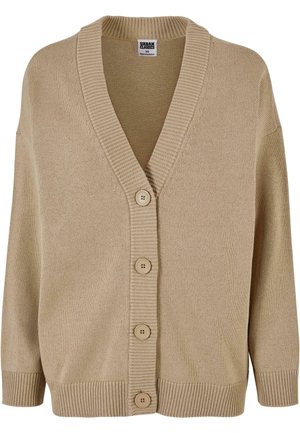 Beige gestrickte Strickjacke mit V-Ausschnitt, geripptem Kragen und Knopfleiste mit fünf Knöpfen. Sie hat lockere Ärmel und ein strukturiertes Stoffmuster.