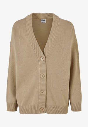 Beige knitted cardigan with a V-neck, ribbed collar, and five button closure. Features loose sleeves and a textured fabric pattern.
